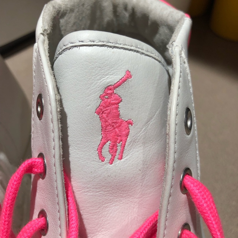Polo by Ralph Lauren Pink Pony Hi-Top Leather Sneakers in White & Pink Sz.10